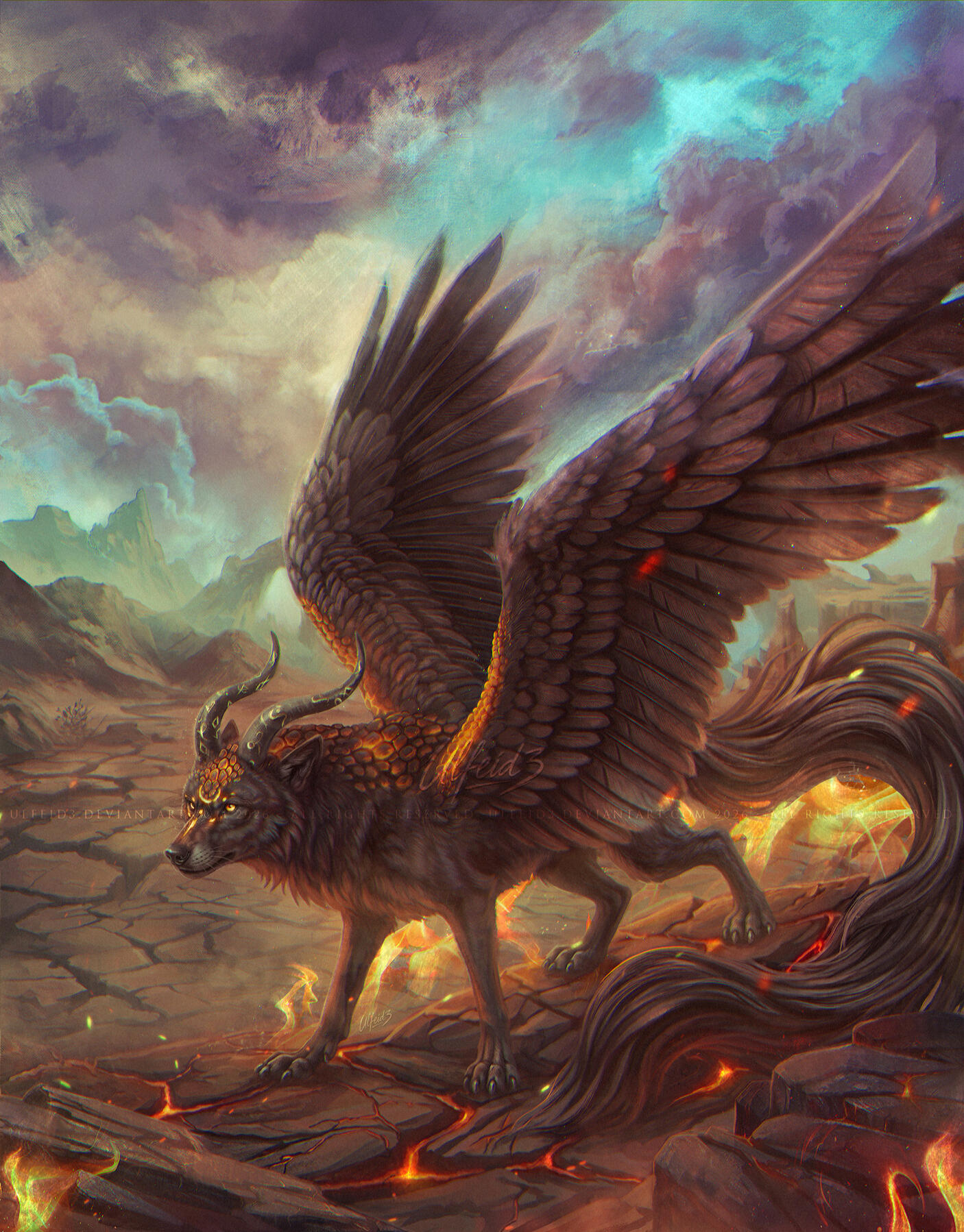 Wasteland stroll Digital illustration of a dark brown horned winged wolf in a wasteland volcanic background by Ulfeid3