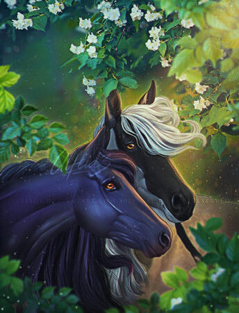 Full render portrait of two horse, equine illustration by Ulfeid3
