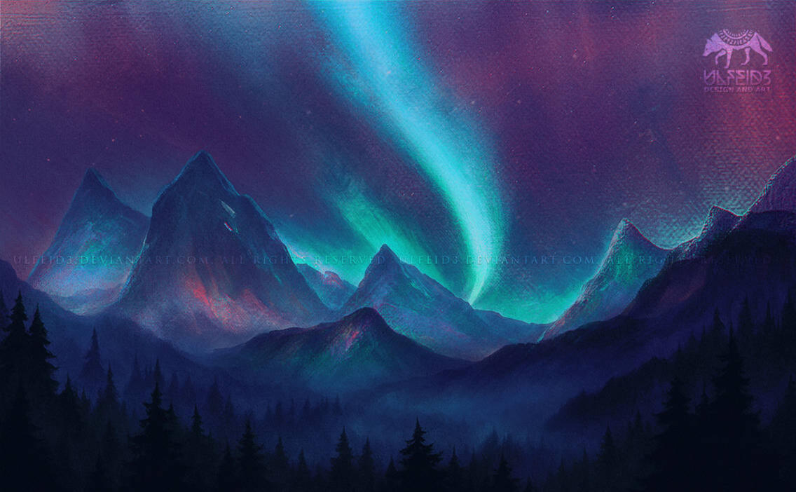 Purple mountains at night with northern lights digital painting by Ulfeid3 Purple mountains at night with northern lights digital painting by Ulfeid3
