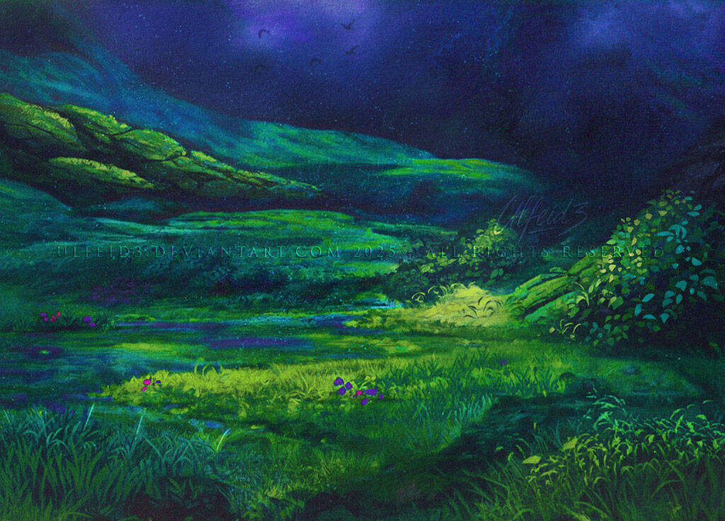 Forest at night digital painting by Ulfeid3 Digital art - Concept Art - Environmental art by Ulfeid3