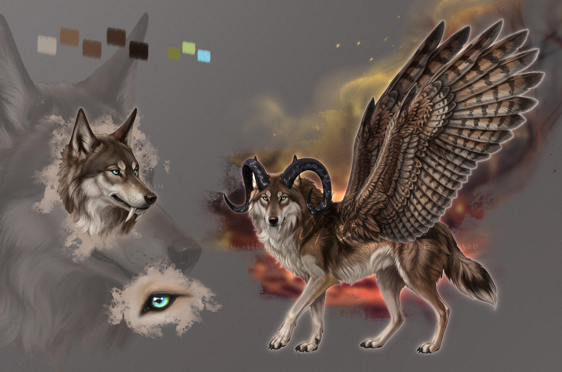 Reference sheet design of a horned winged wolf with a barned owl inspired design by Ulfeid3