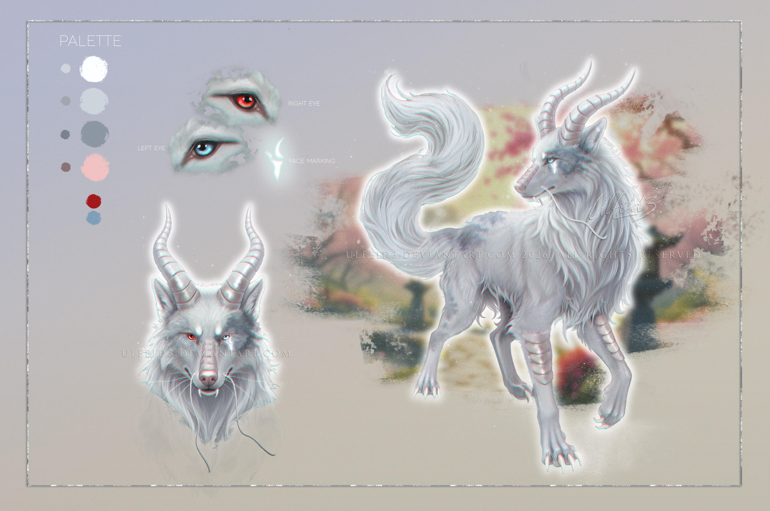 Reference sheet design of a white horned wolf-dragon creature by Ulfeid3