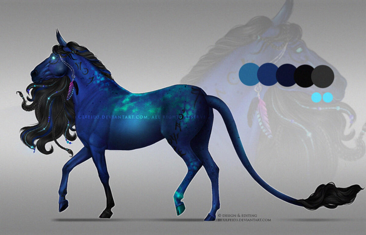 Standard reference sheet of an Avatar-inspired blue horse na-vi equine design by Ulfeid3