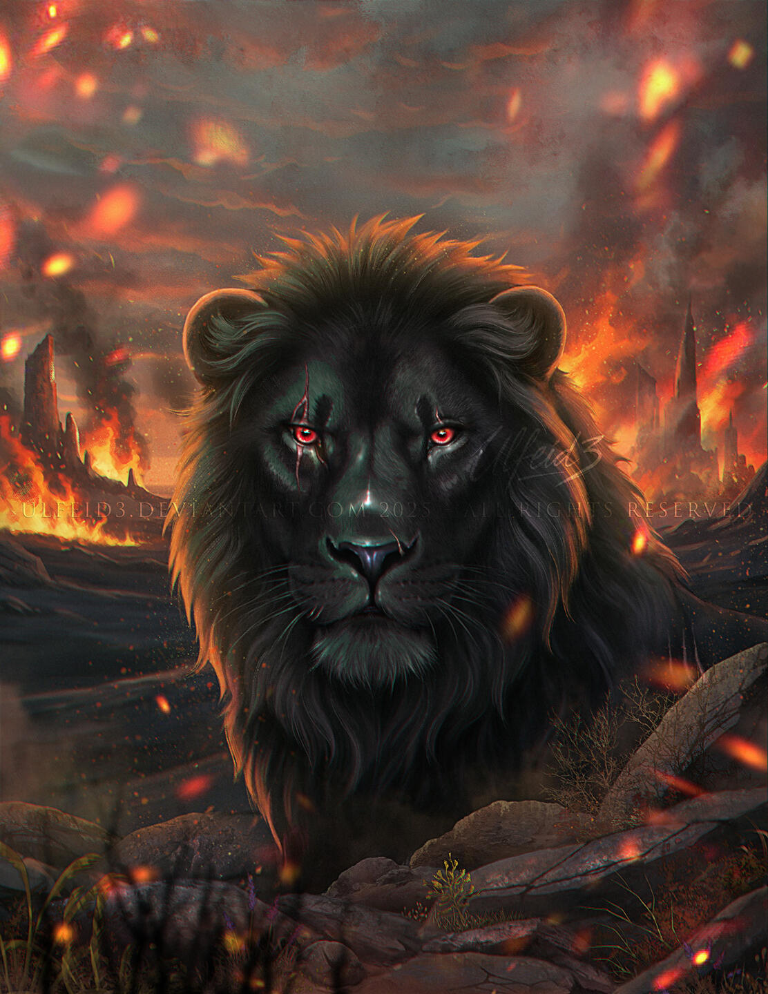 Obsidian Kingdom: Burden of Bones cover art Digital illustration of a black lion on a desertic background with flames, Orpheus is the main character of "Obsidian Kingdom: Burden of Bones book one" by Maera Ursyn. Official cover art by Ulfeid3