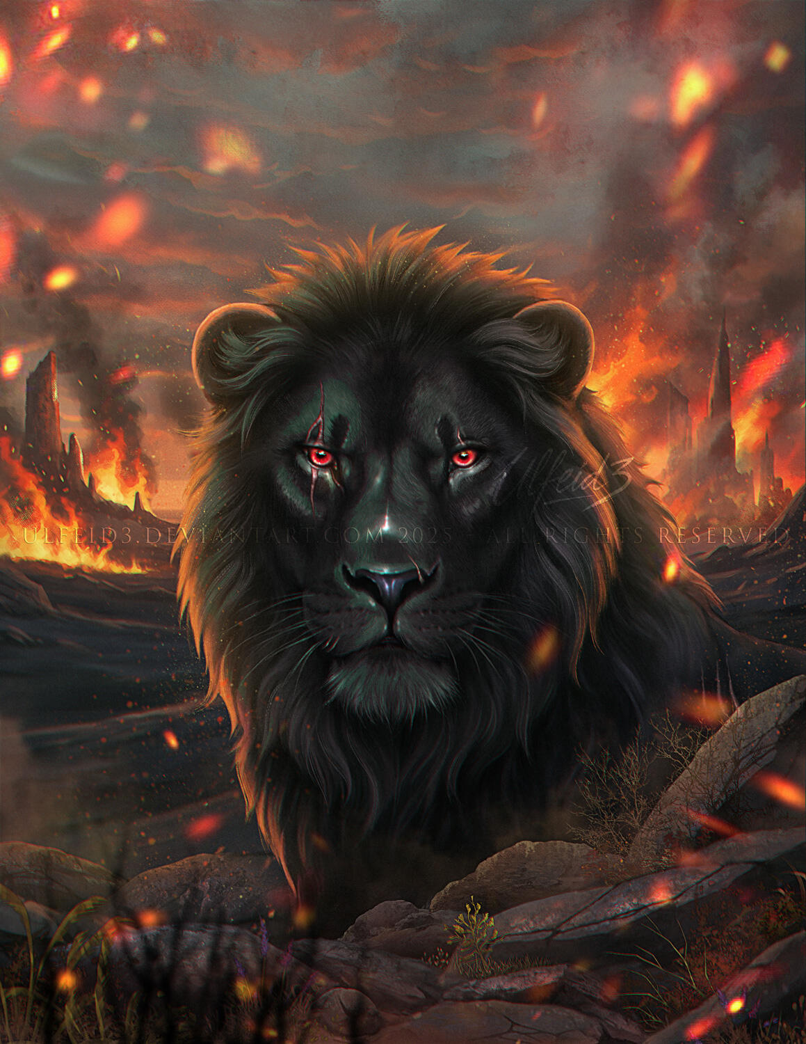 Obsidian Kingdom: Burden of Bones cover art Digital illustration of a black lion on a desertic background with flames, Orpheus is the main character of "Obsidian Kingdom: Burden of Bones book one" by Maera Ursyn. Official cover art by Ulfeid3