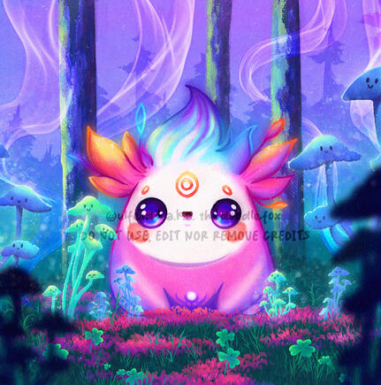 Chibi creature in a cute forest, kawaii digital illustration by Ulfeid3