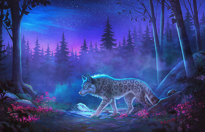 Full render fantasy wolf lynx hybrid walking in a night forest illustration by Ulfeid3