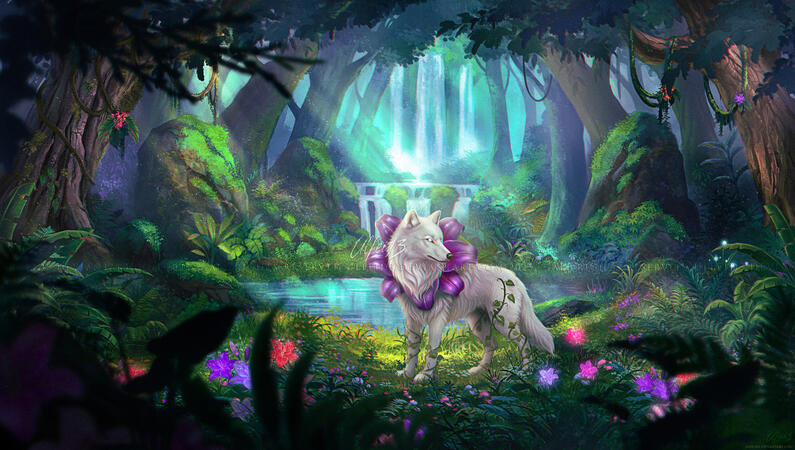 Full render white wolf in a fantasy jungle illustration by Ulfeid3