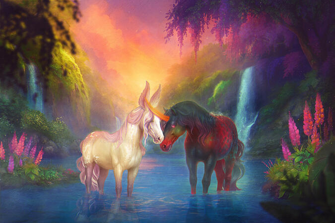 Full render fantasy horse mermaid and unicorn couple in a fantasy waterfall background illustration by Ulfeid3