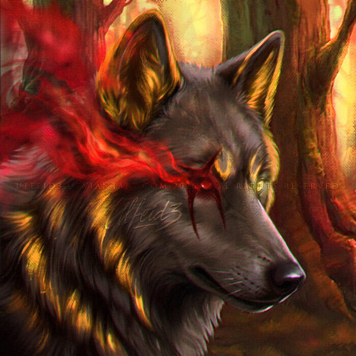 PAINTERLY WOLF PORTRAIT Digital illustration portrait of dark brown, red and yellow demonic wolf-hound by Ulfeid3