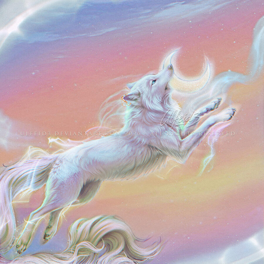 FULL RENDER Fully rendered canis lumen feral character flying over a pastel pink and purple cotton candy sky by Ulfeid3
