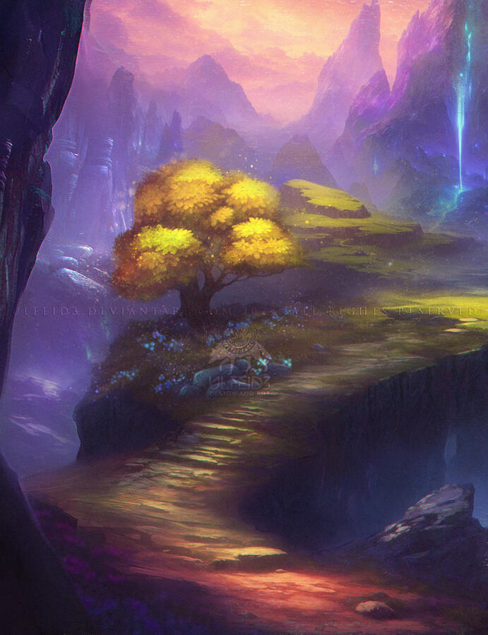 Concept art background of a yellow field with purple flowers by Ulfeid3