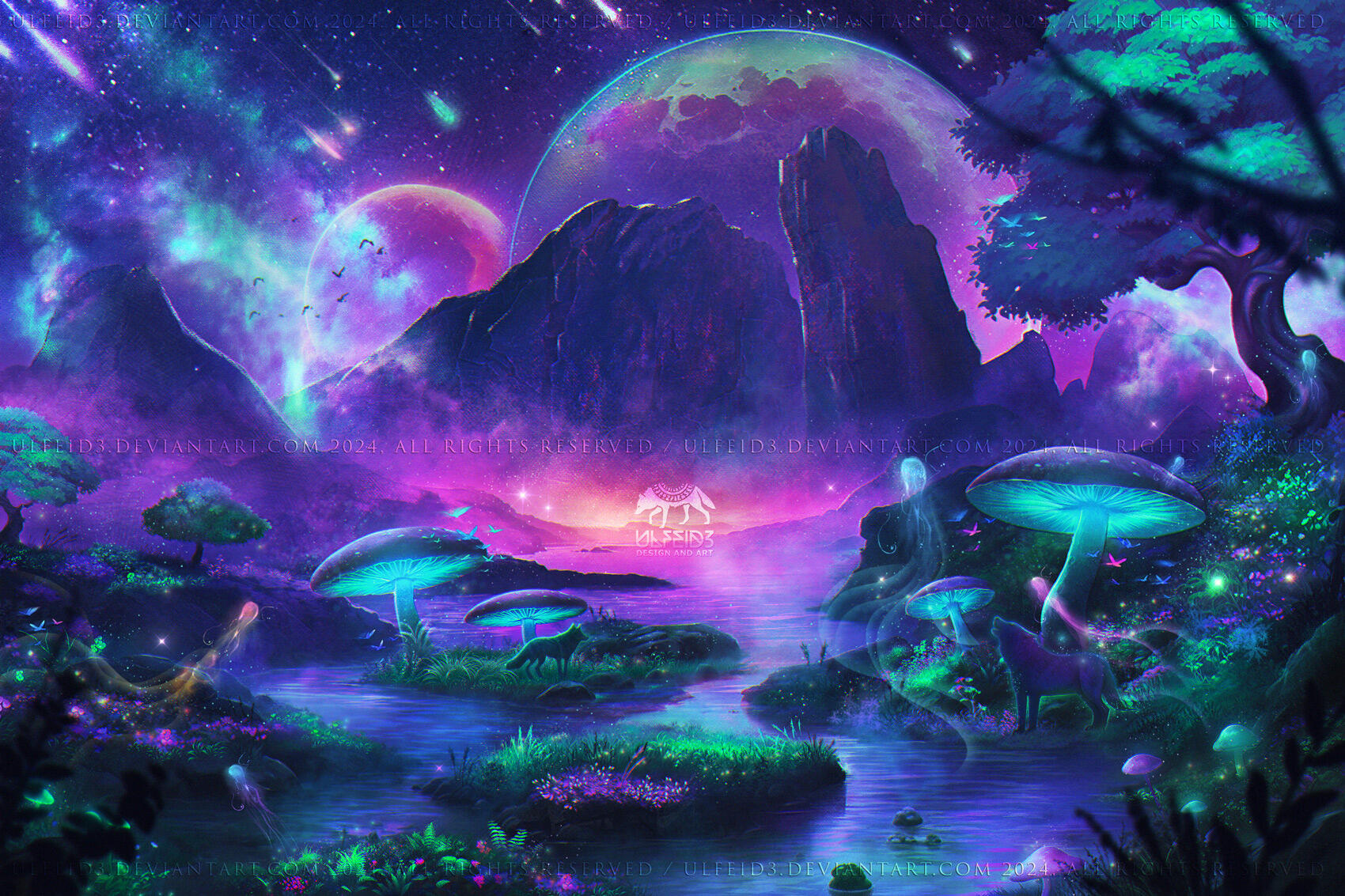 BACKGROUND ART - FULL RENDER Digital illustration of a sci-fi purple and teal background with giant mushrooms and wolves on a blue lagoon with towering mountains and meteor shower in the night sky by Ulfeid3