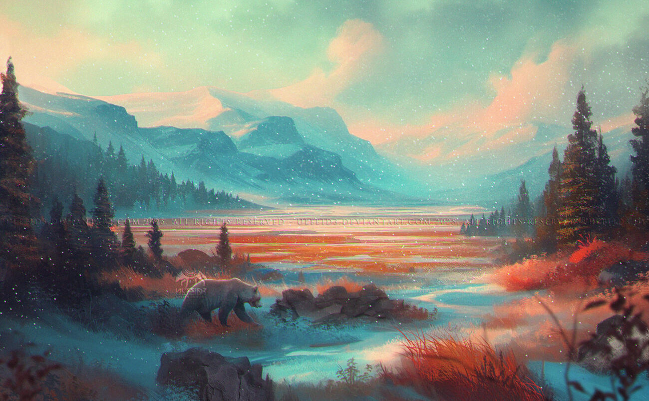 Concept art background of a yellow field with purple flowers by Ulfeid3
