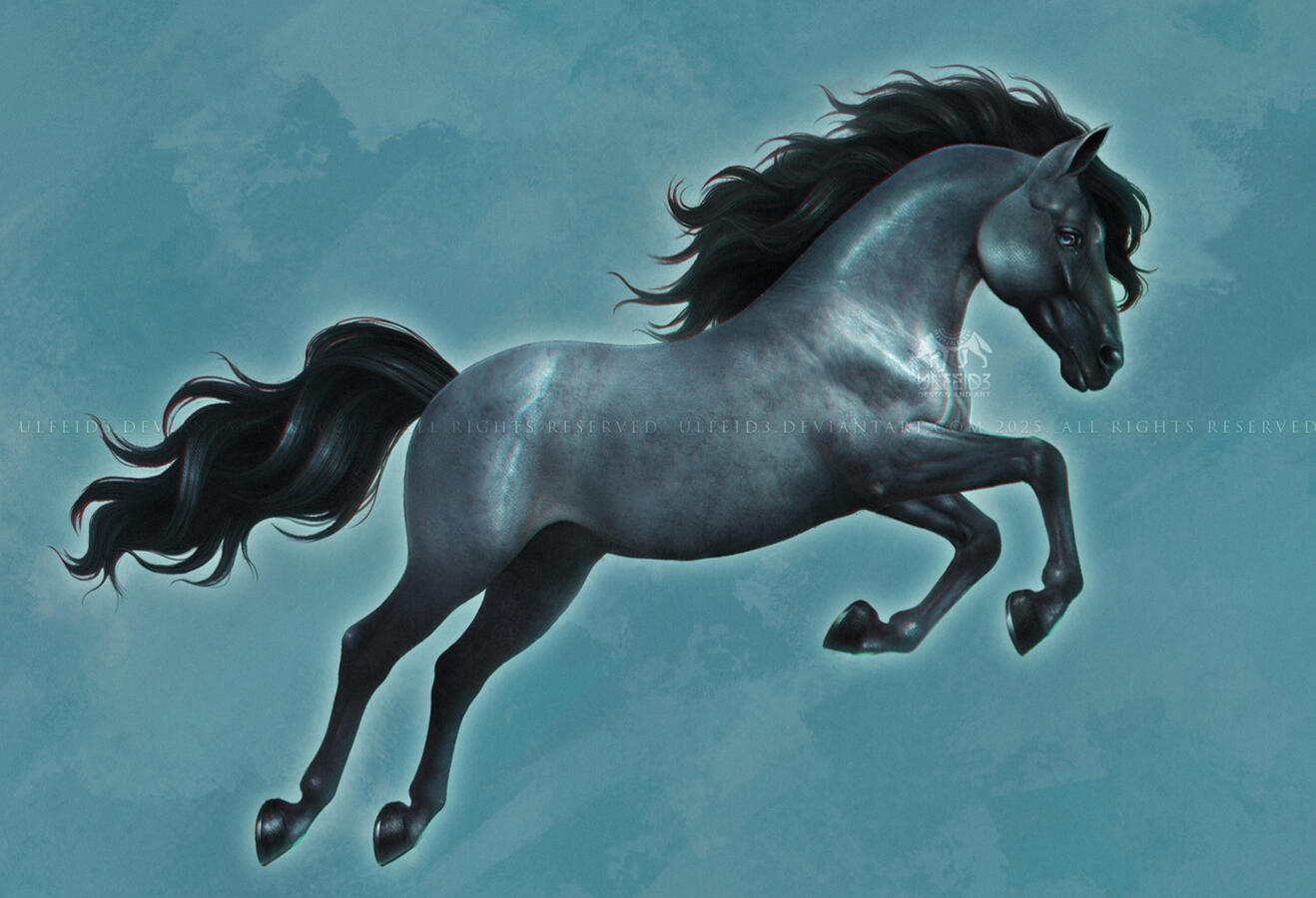 Full render of a jumping blue roan horse digital illustration by Ulfeid3