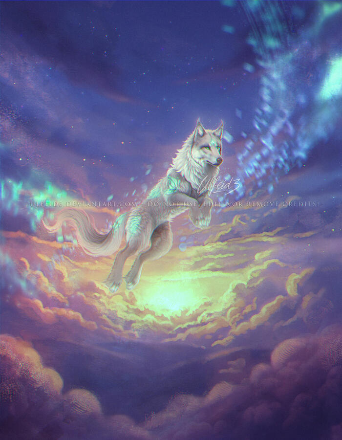 Fully rendered canis lumen feral character flying over a pastel pink and purple cotton candy sky by Ulfeid3
