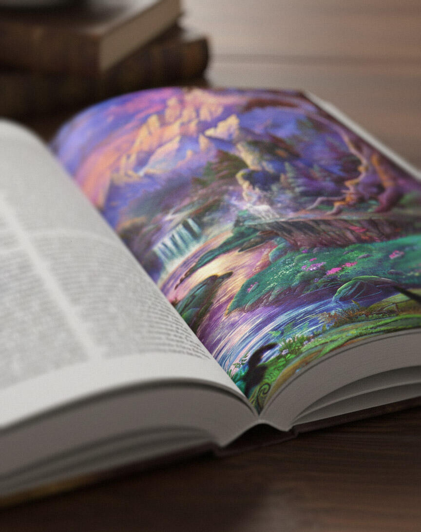 Book art - Single spread example Bookish art - Fantasy digital landscape of a white deer in a magical pastel forest, single spread by Ulfeid3