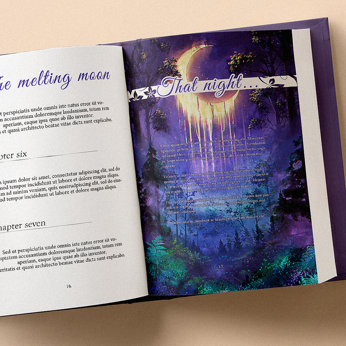 Book art - Double spread example Bookish art - Fantasy digital moon melting landscape single spread example by Ulfeid3