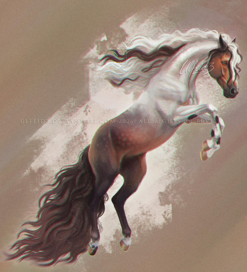 PAINTERLY FULLBODY Digital illustration of a brown and white horse with dapples rearing by Ulfeid3